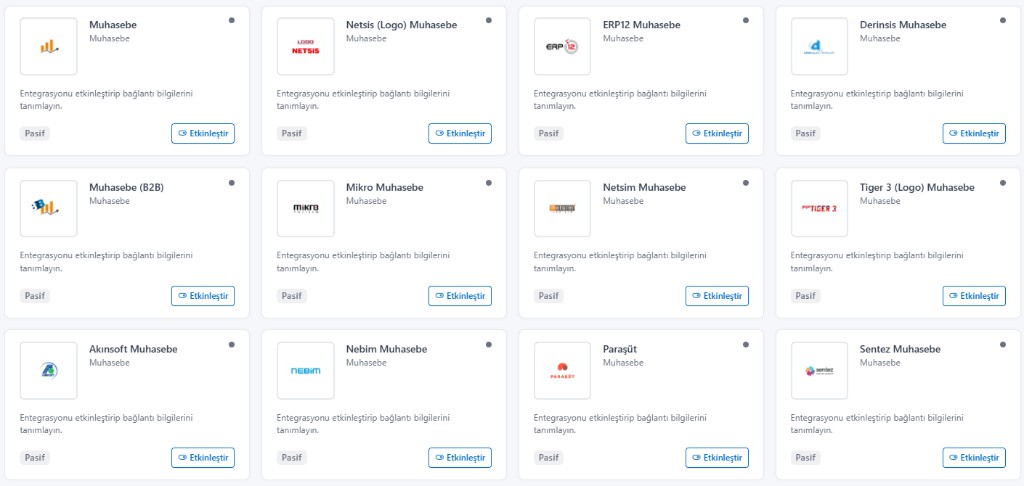 Logo, Mikro, Paraşüt muhasebe entegrasyon modülleri listesi