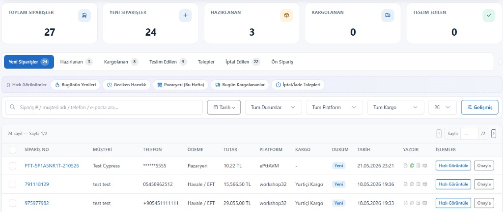 Jet Teknoloji sipariş listesi, özet kartlar ve filtre ekranı